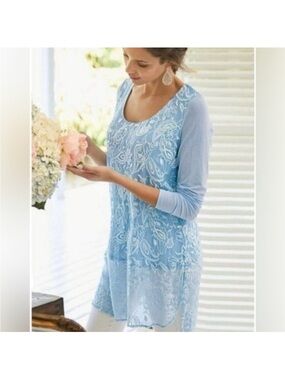 Soft Surroundings Sky Blue Lace Silk Embroidered-Front Tunic Size XS